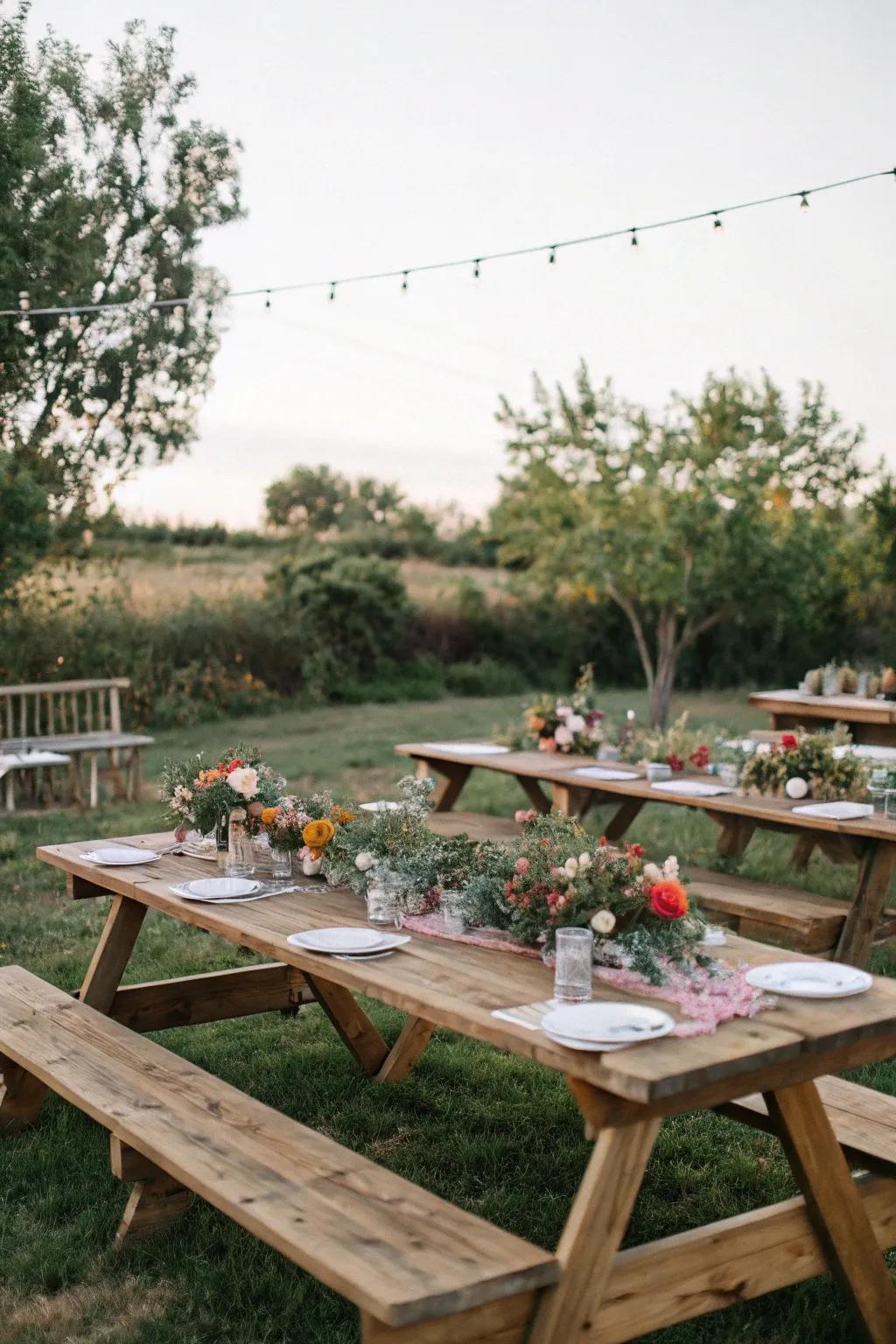 Rustic picnic tables elegantly decorated with flowers, creating the perfect outdoor dining experience.