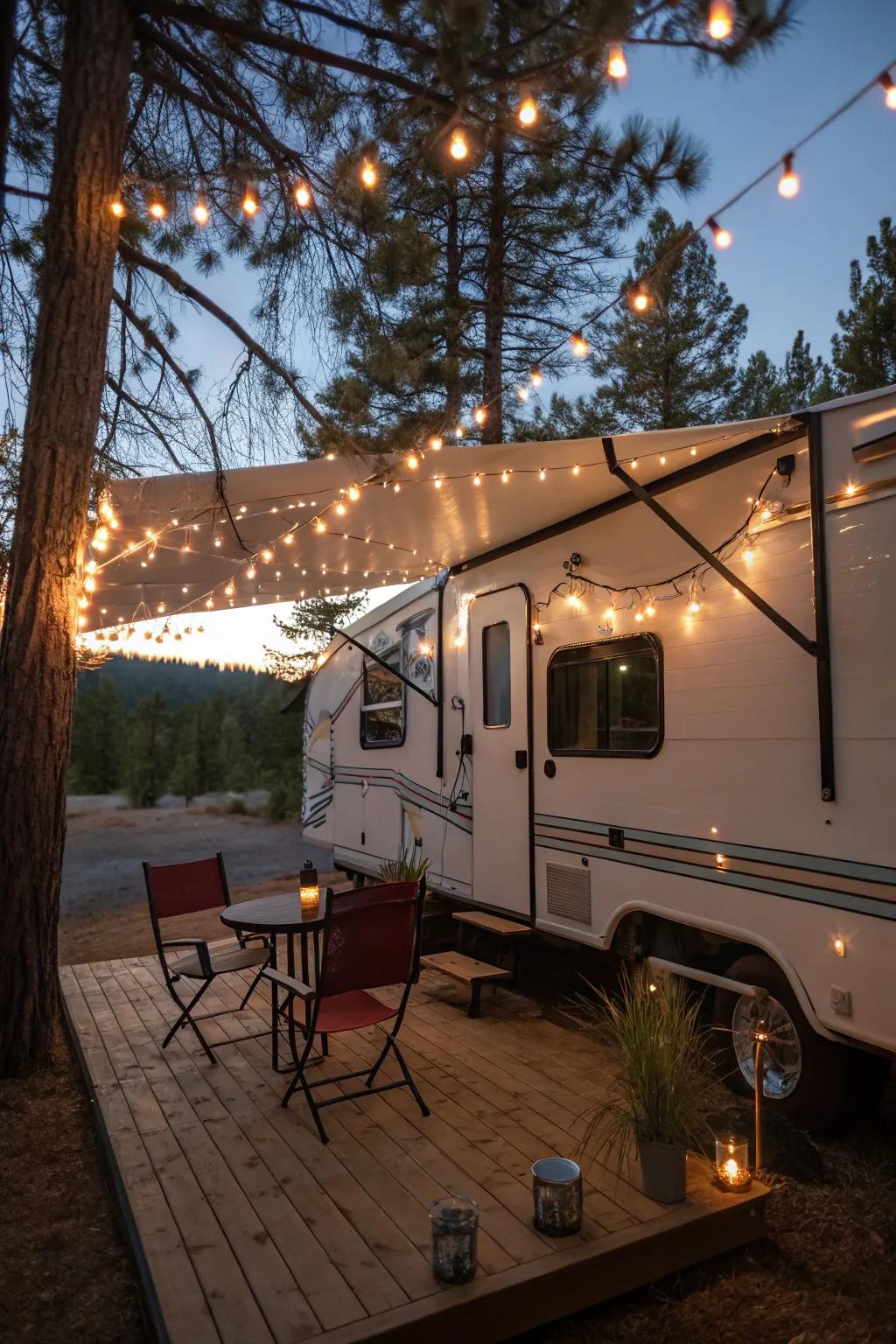Fairy lights add a whimsical charm to your RV porch.