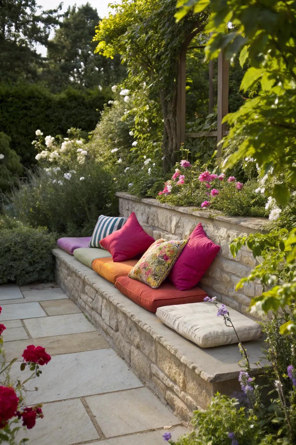 Bright cushions enhance the comfort and appeal of outdoor benches.