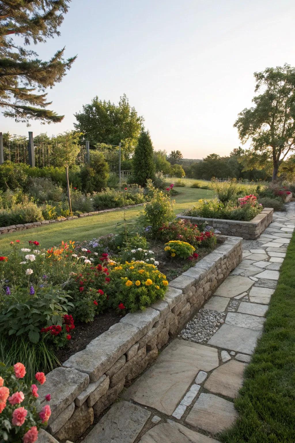 Stone borders create a clean, defined look in garden beds.