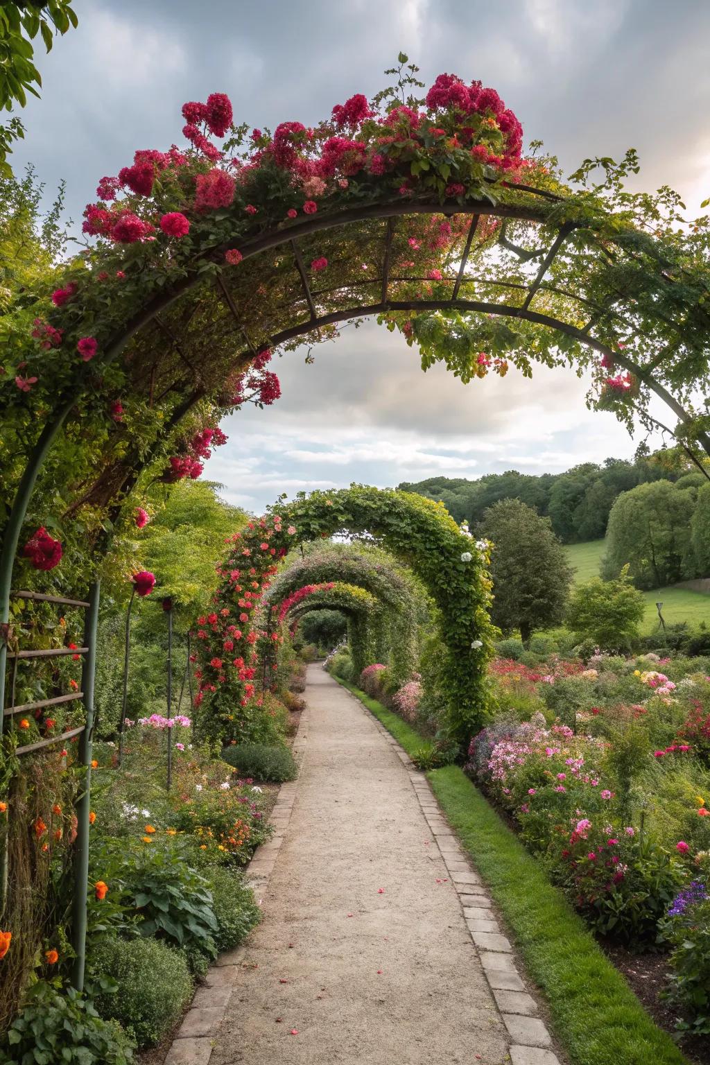 A floral archway sets the stage for a dreamy garden journey.