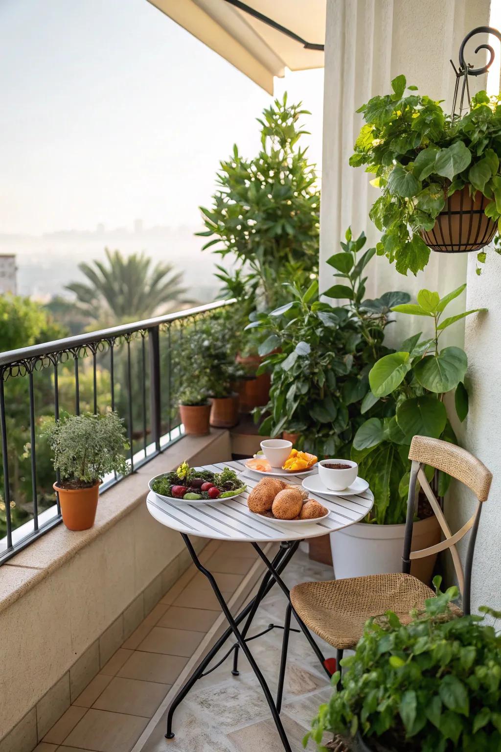 A small balcony dining arrangement perfect for morning meals.