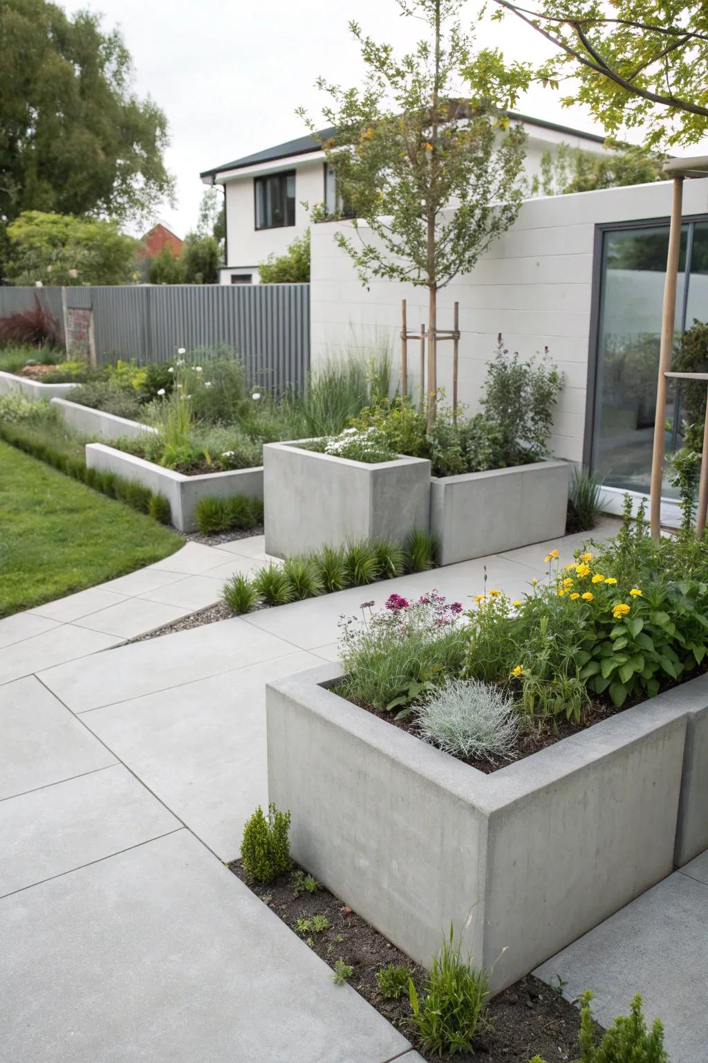 Concrete elements blend functionality with modern elegance.