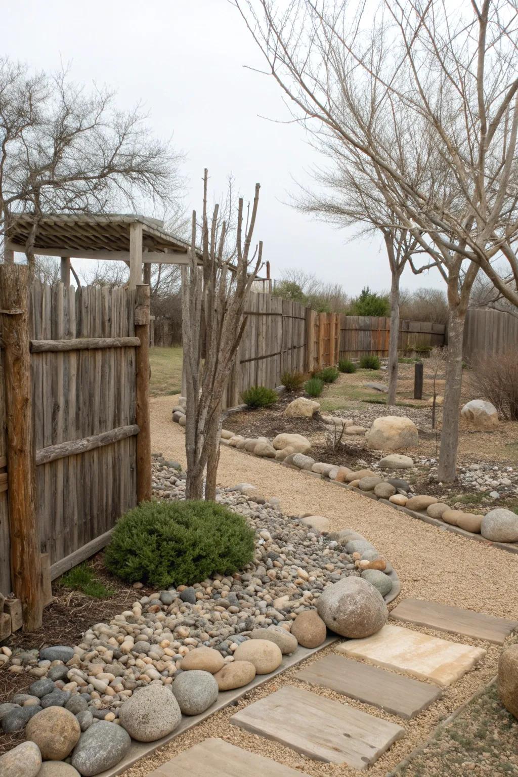 Rustic materials adding an organic touch to a dry garden.
