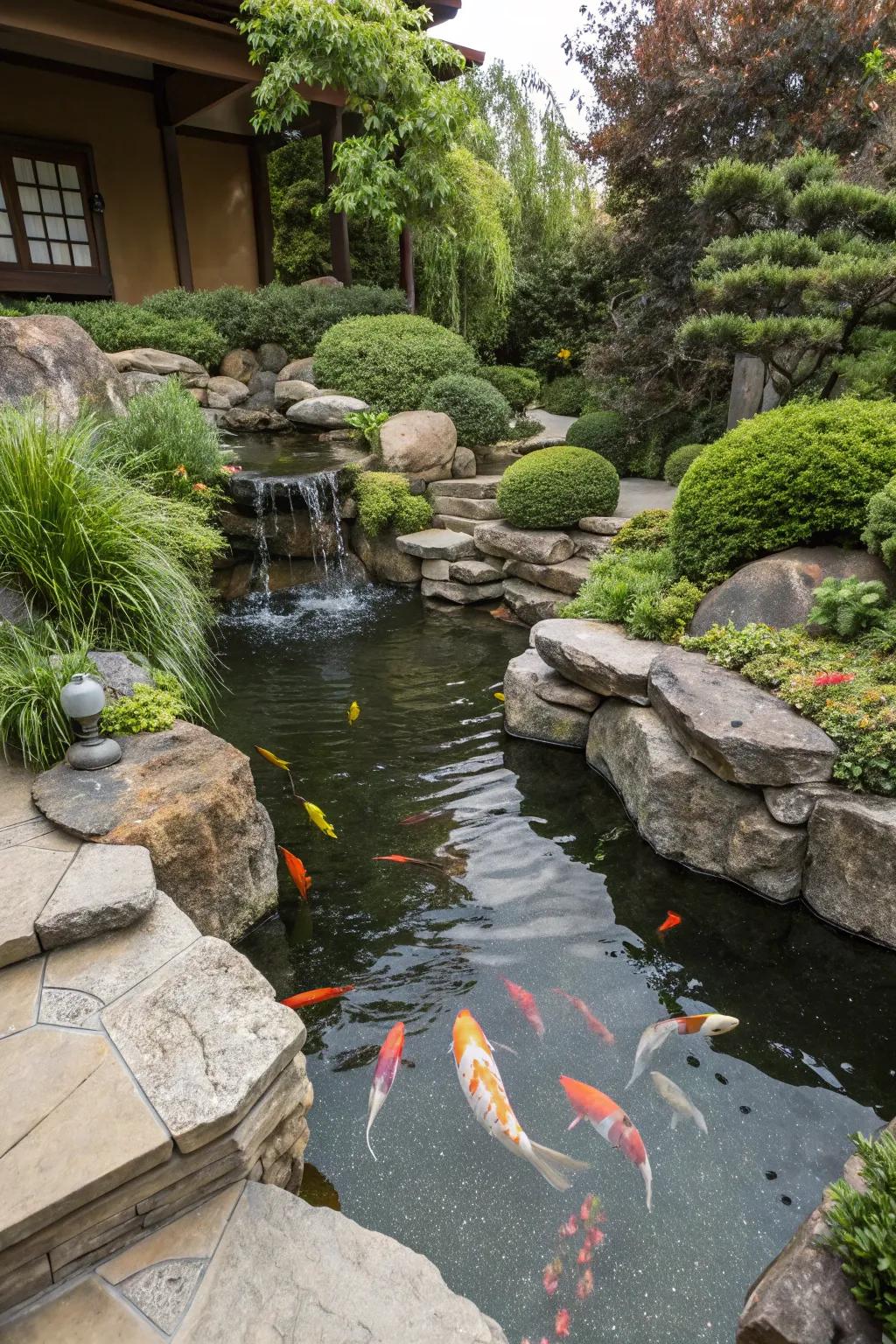 A koi pond with natural rock formations and vibrant greenery.