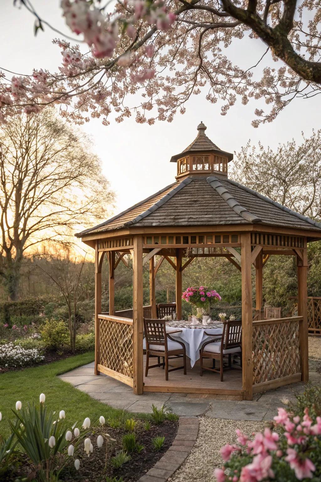 Host delightful gatherings in an elegant gazebo.