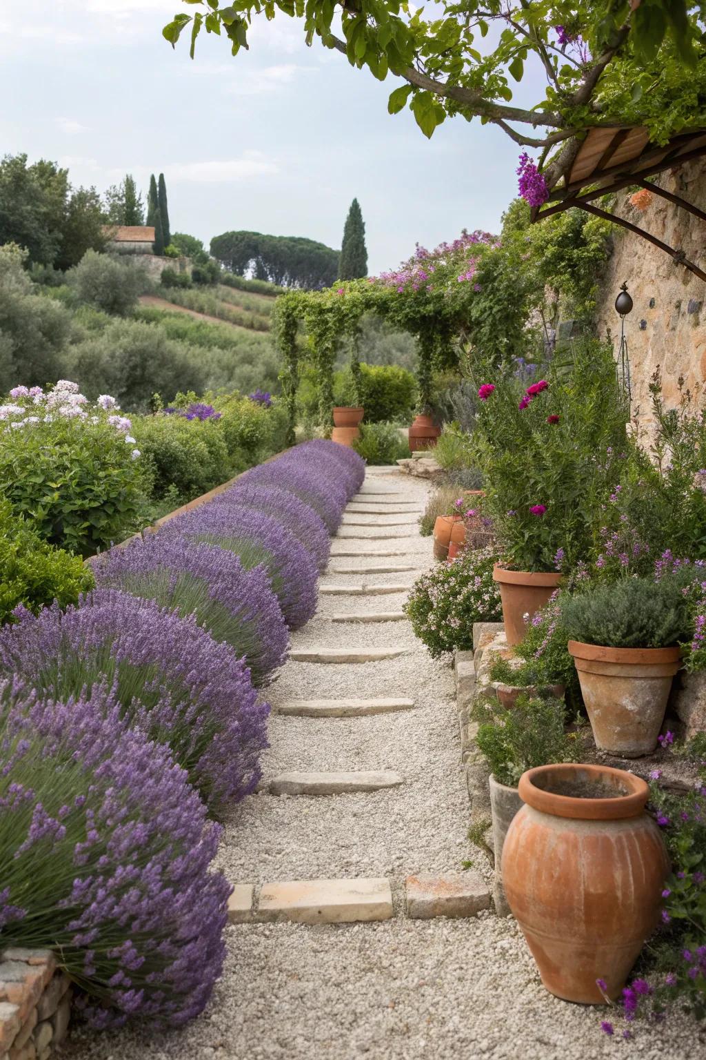 A Mediterranean garden vibe with lavender.