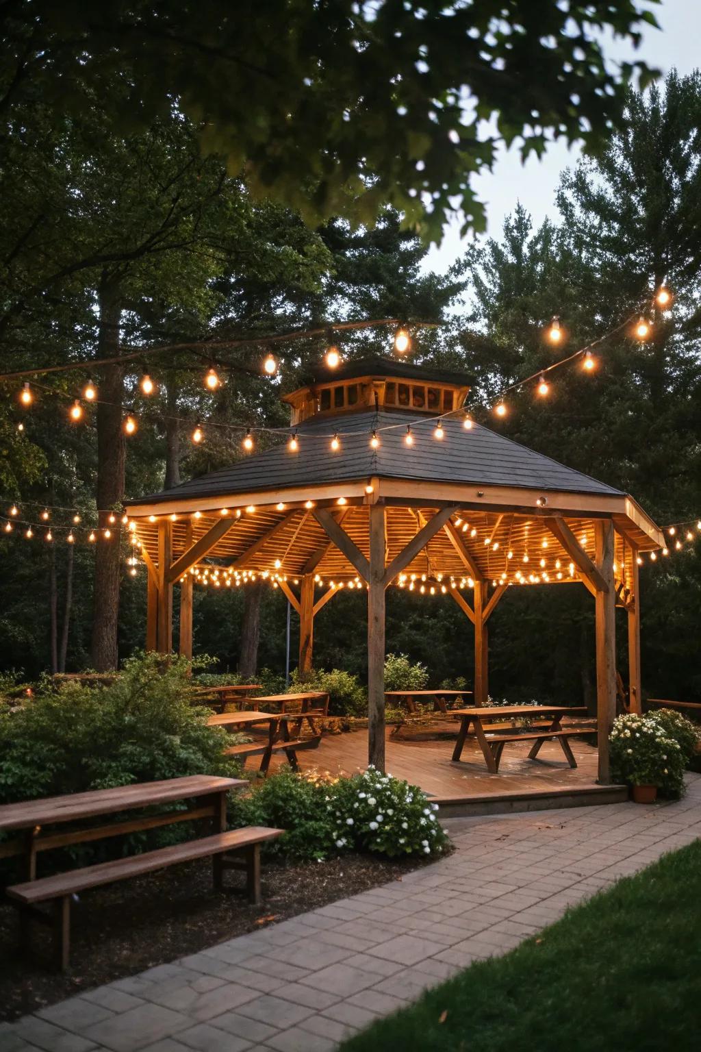 Ambient lighting brings a magical touch to any outdoor pavilion.