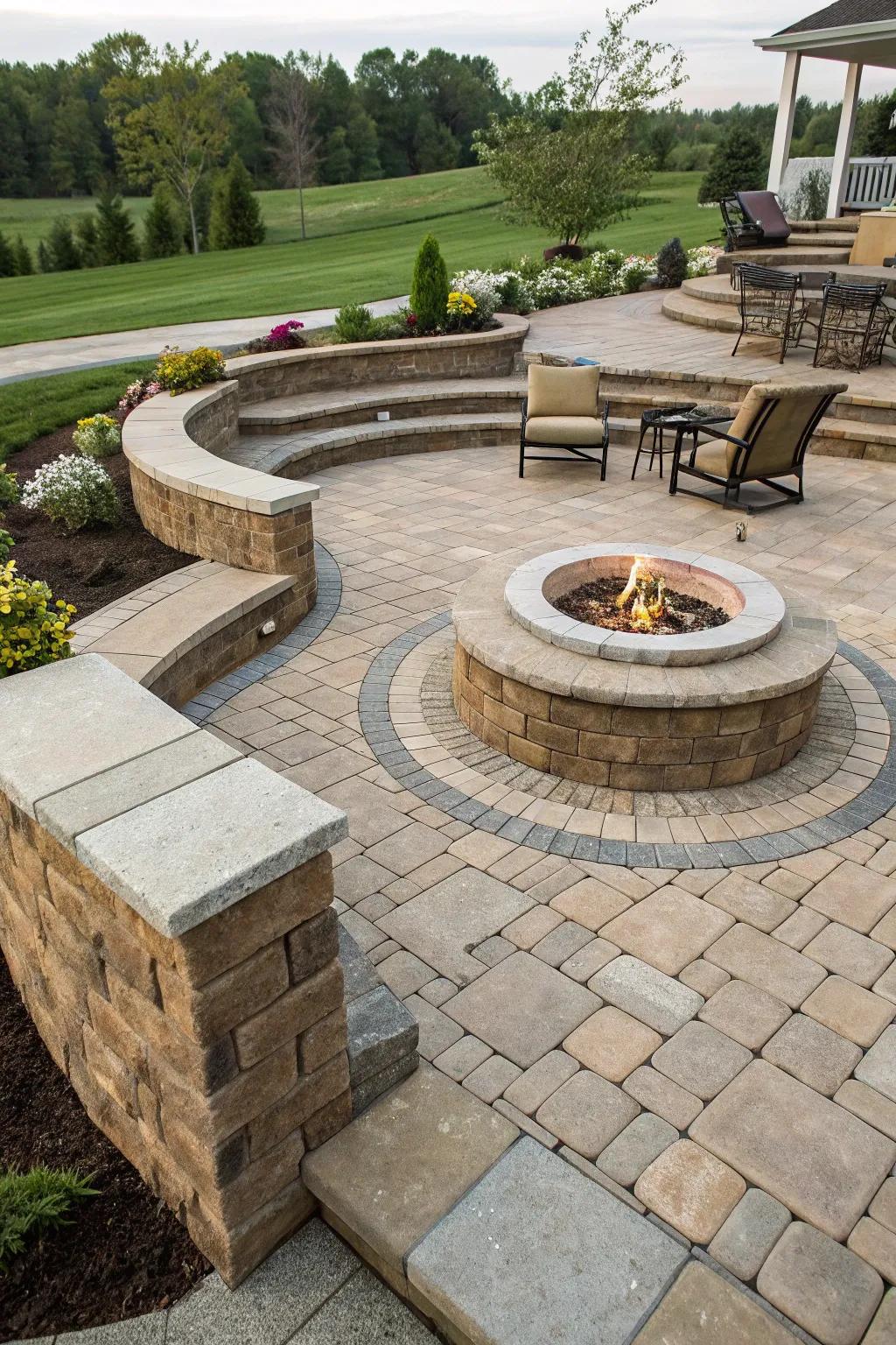 A multi-level patio featuring a striking central fire pit.