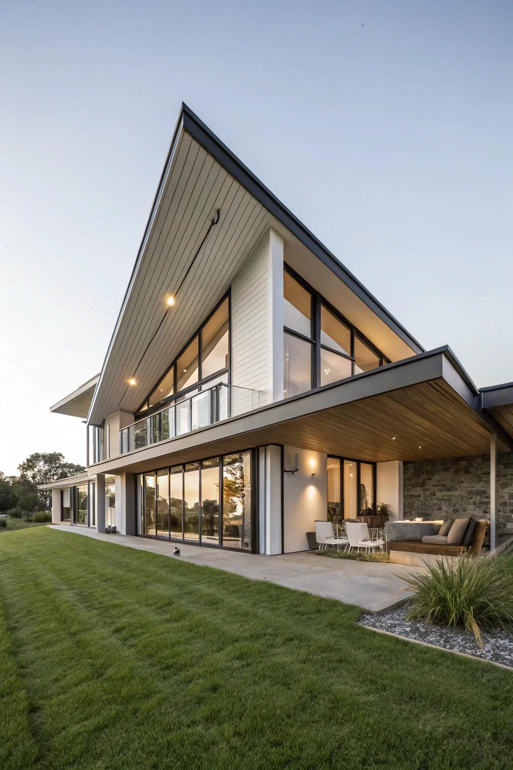 A modern home featuring bold angled eaves that boost architectural appeal.