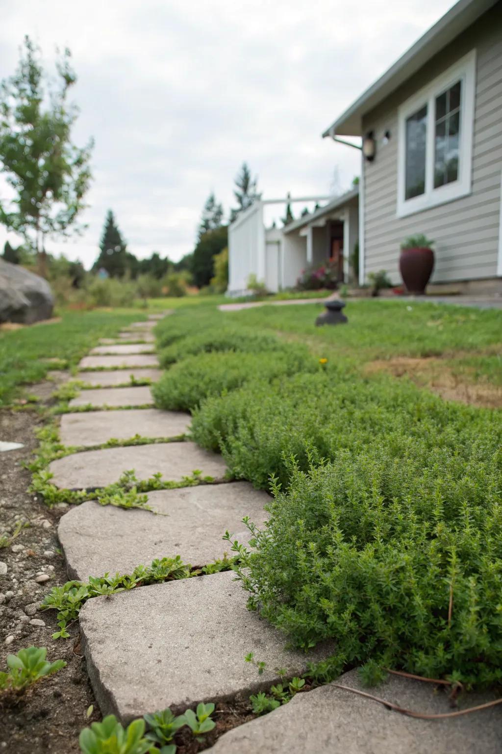 Creeping thyme serves as a lush ground cover between stepping stones.
