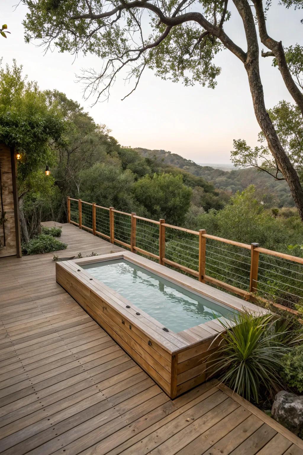 An eco-friendly swim spa deck made from sustainable materials.