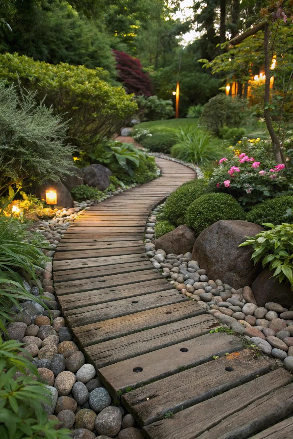 Natural edging materials enhance the organic feel of garden paths.
