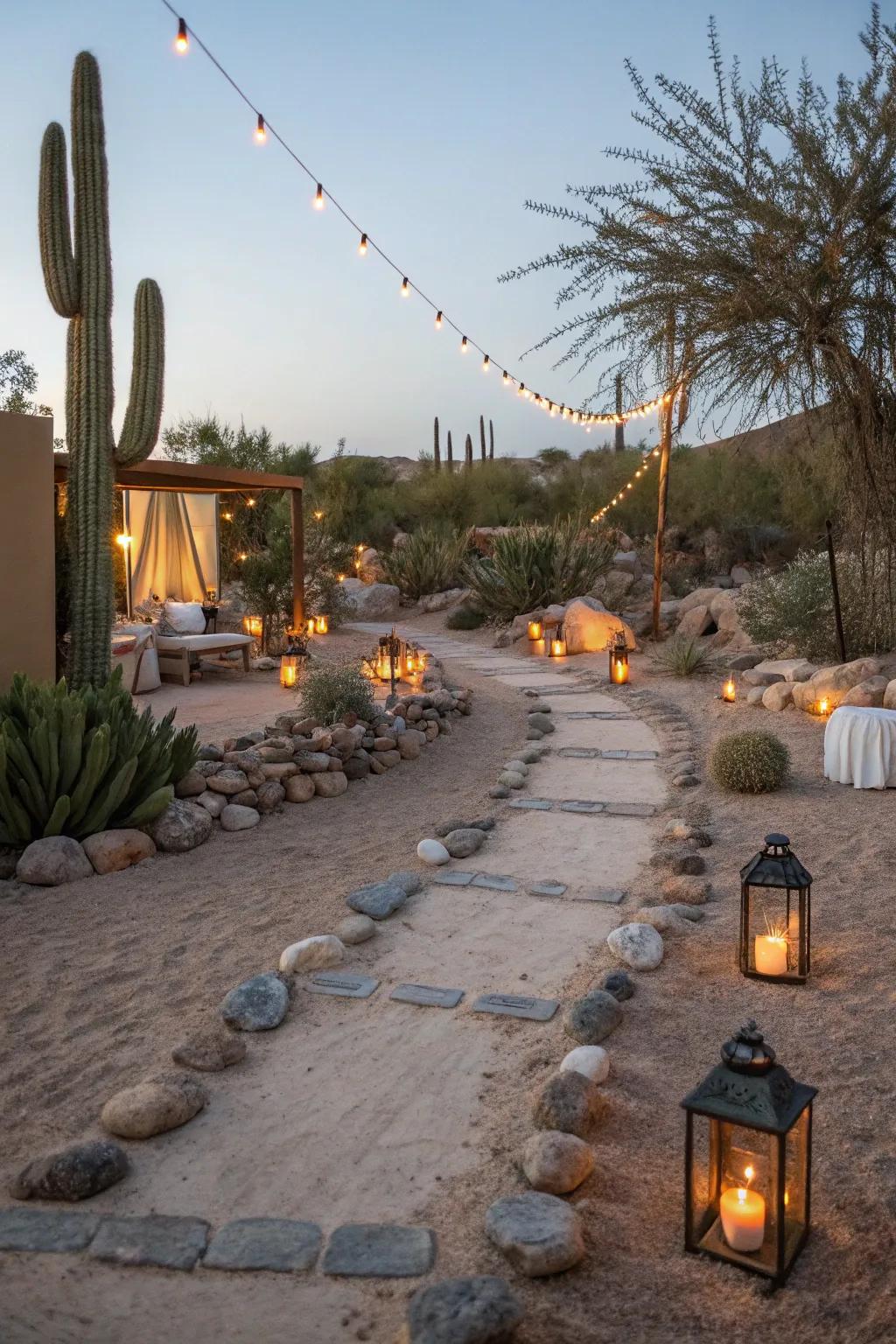 Solar lights create a magical nighttime ambiance.