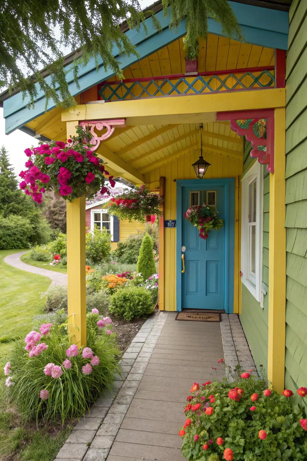 Colorful painted wood canopy bursting with charm.