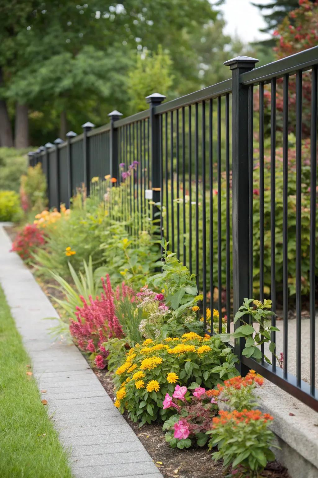 Simplistic flat-top aluminum fence complements any garden.