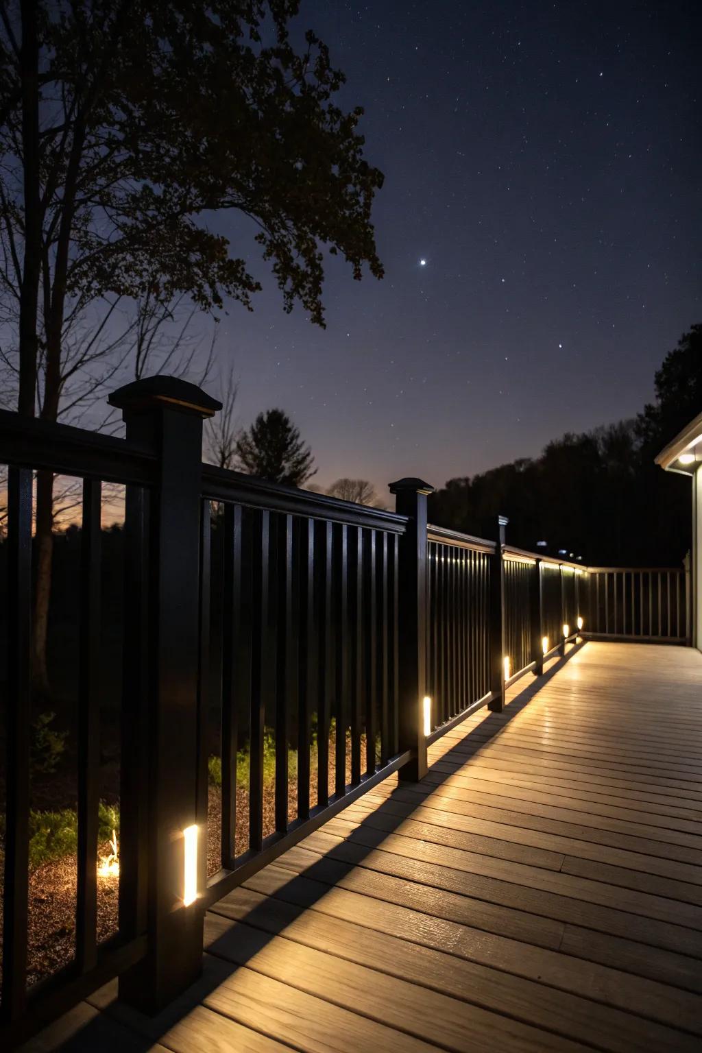 Integrated lighting in black railings creates a magical night ambiance.