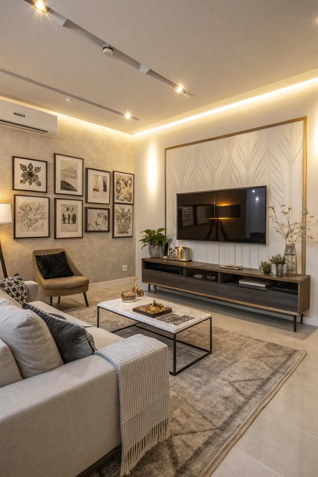 Decorative accents infuse character into a sleek living room.