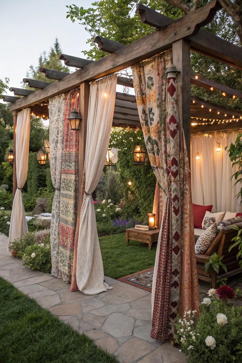 Bohemian curtains create a cozy, free-spirited retreat.