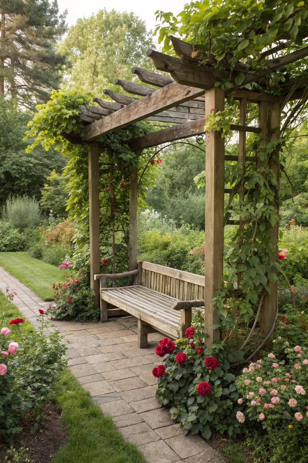 Eco-friendly pergola with sustainable bench seating.