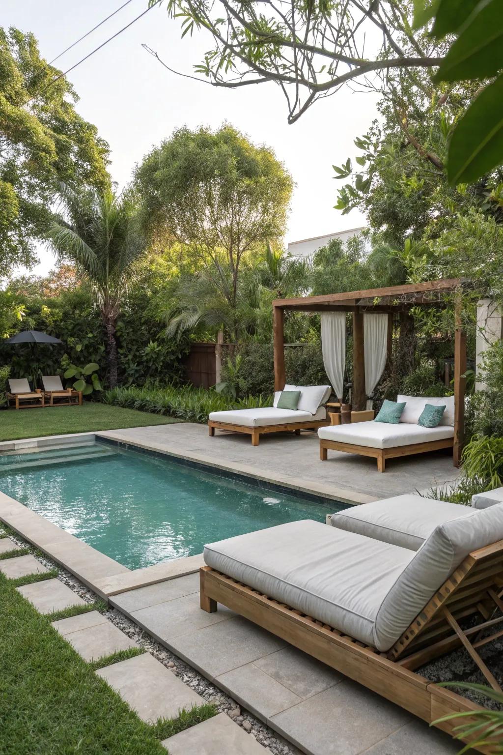 Daybeds offer a luxurious spot for poolside relaxation.