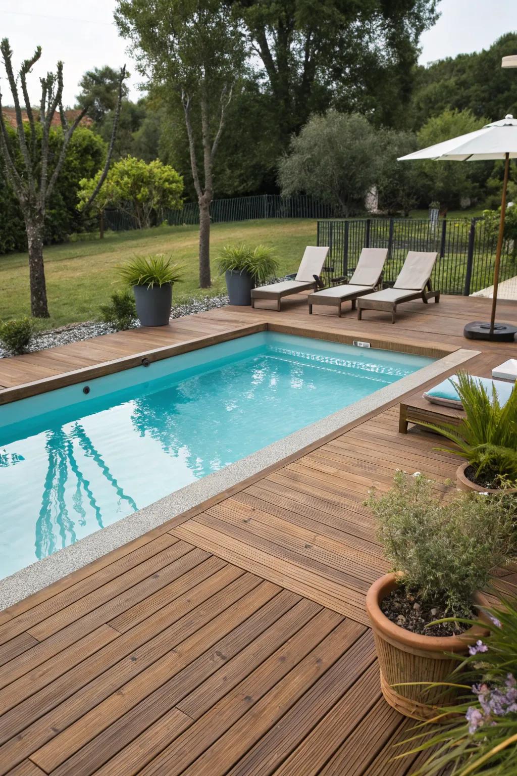 Teak decking offers a classic, elegant touch to pool areas.