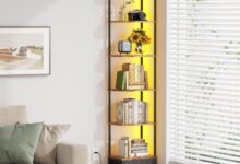 A Quiet Corner Warmed by LED Glow Meets a 6-Tier Corner Shelf