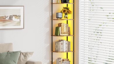 A Quiet Corner Warmed by LED Glow Meets a 6-Tier Corner Shelf