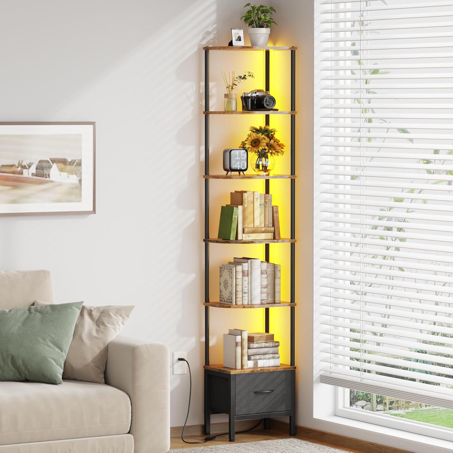 A Quiet Corner Warmed by LED Glow Meets a 6-Tier Corner Shelf