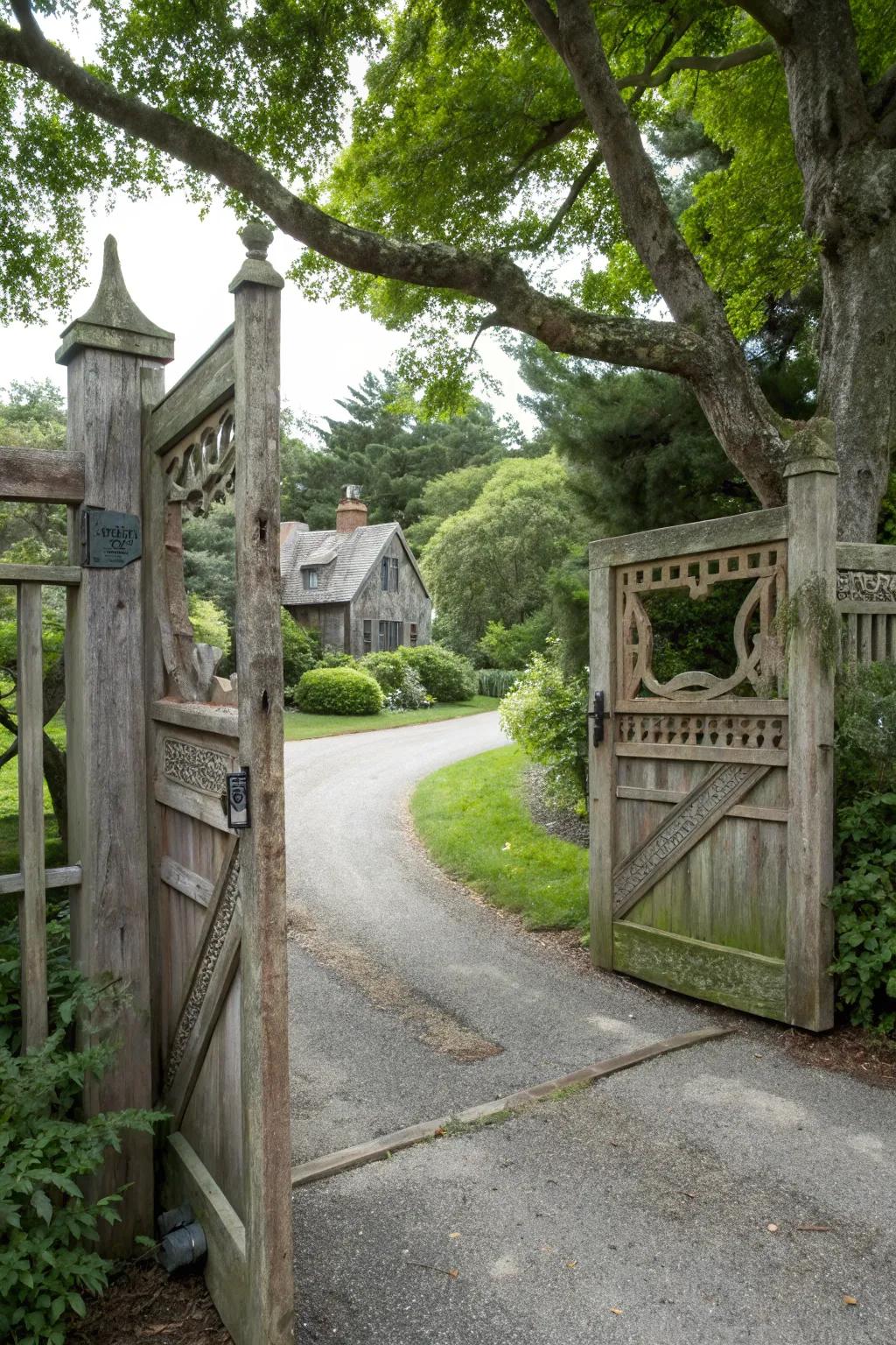 Cottage-style gates bring charming simplicity to the entrance.