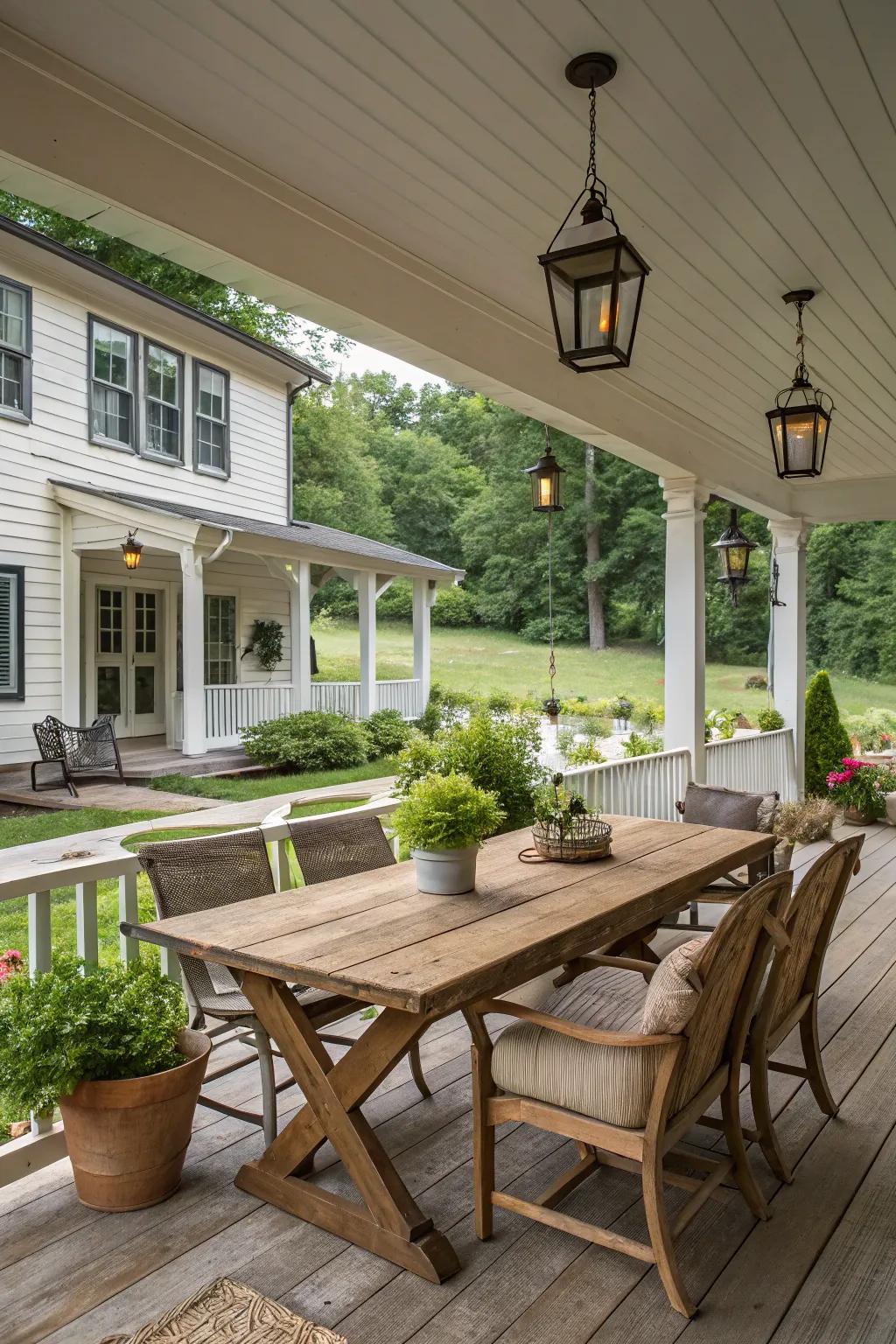 A versatile porch that caters to gatherings and quiet moments alike.