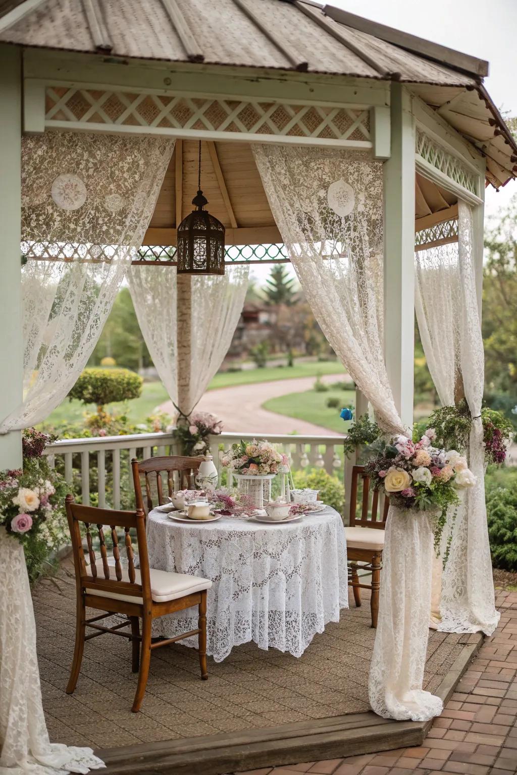 Vintage furniture adding charm and seating to the gazebo.