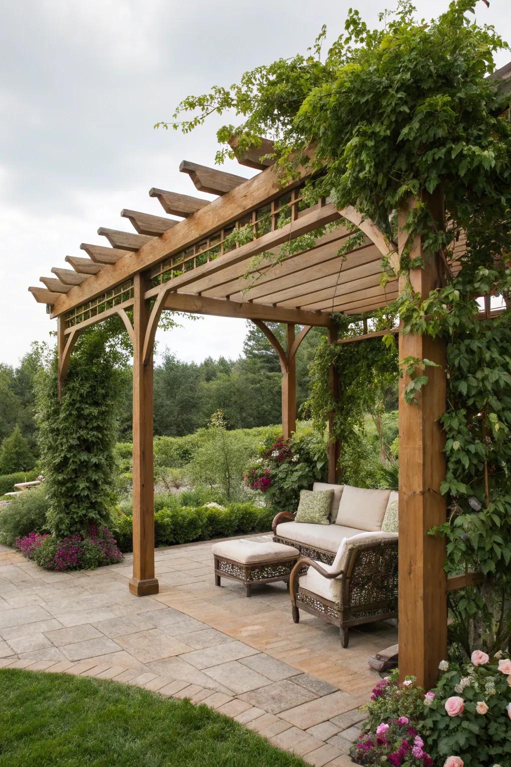 A lush pergola provides shade and charm.