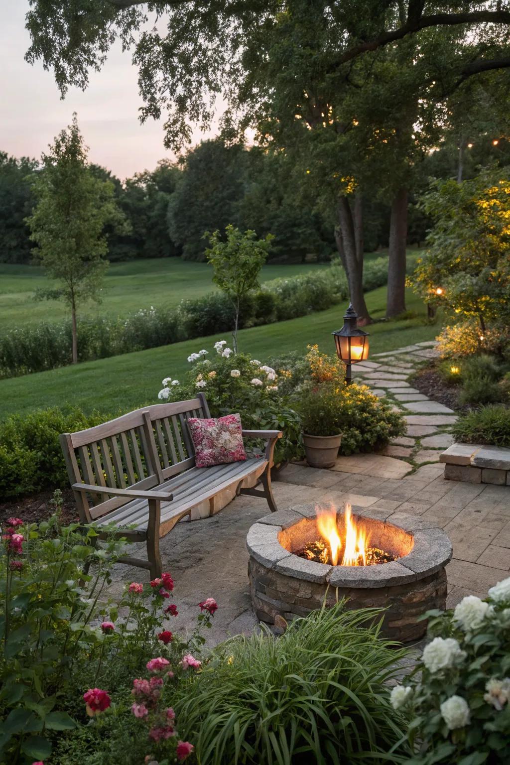 A garden bench near a fire pit, perfect for cozy gatherings and extended evenings outdoors.