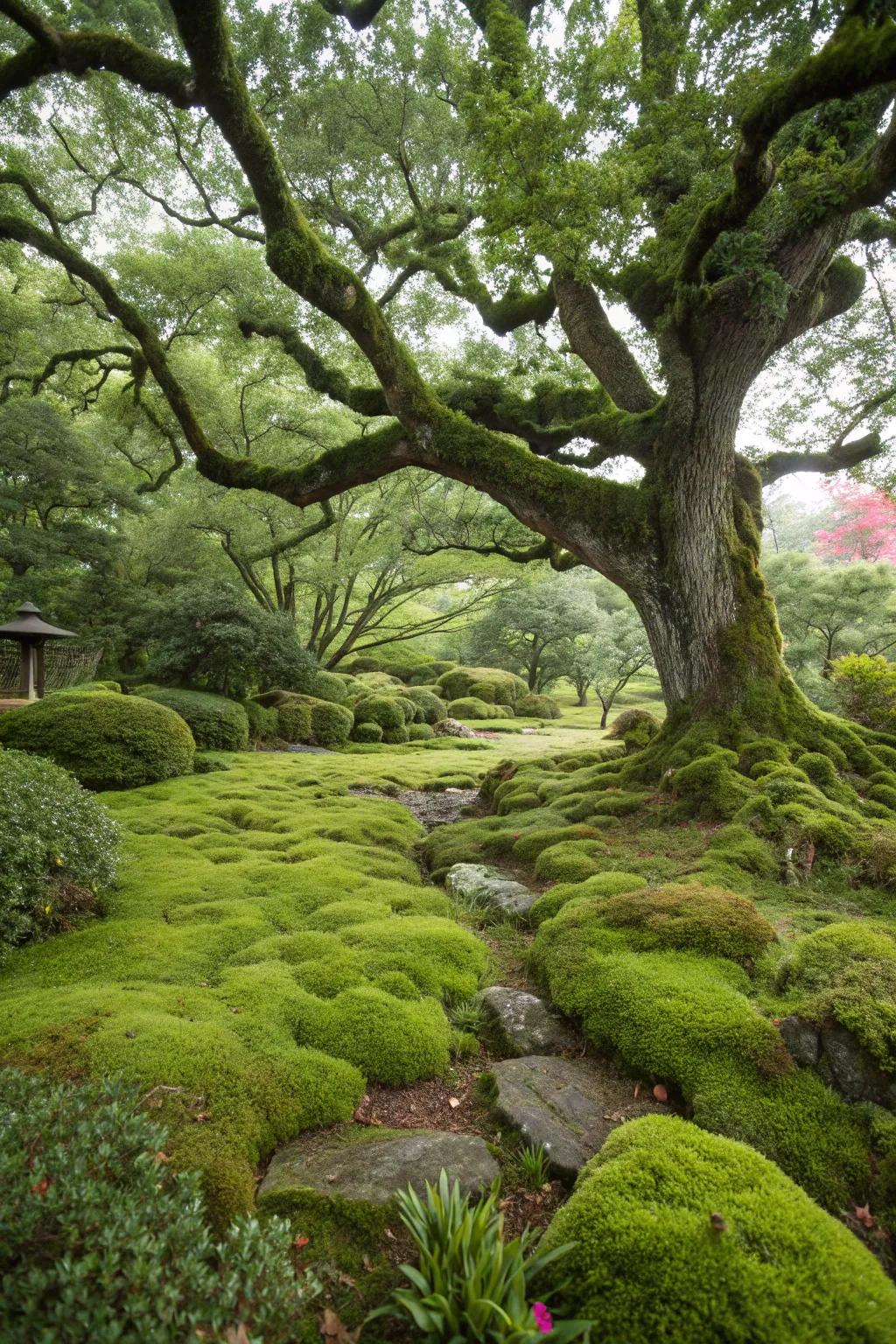 A serene moss garden creating a magical atmosphere under an oak tree.