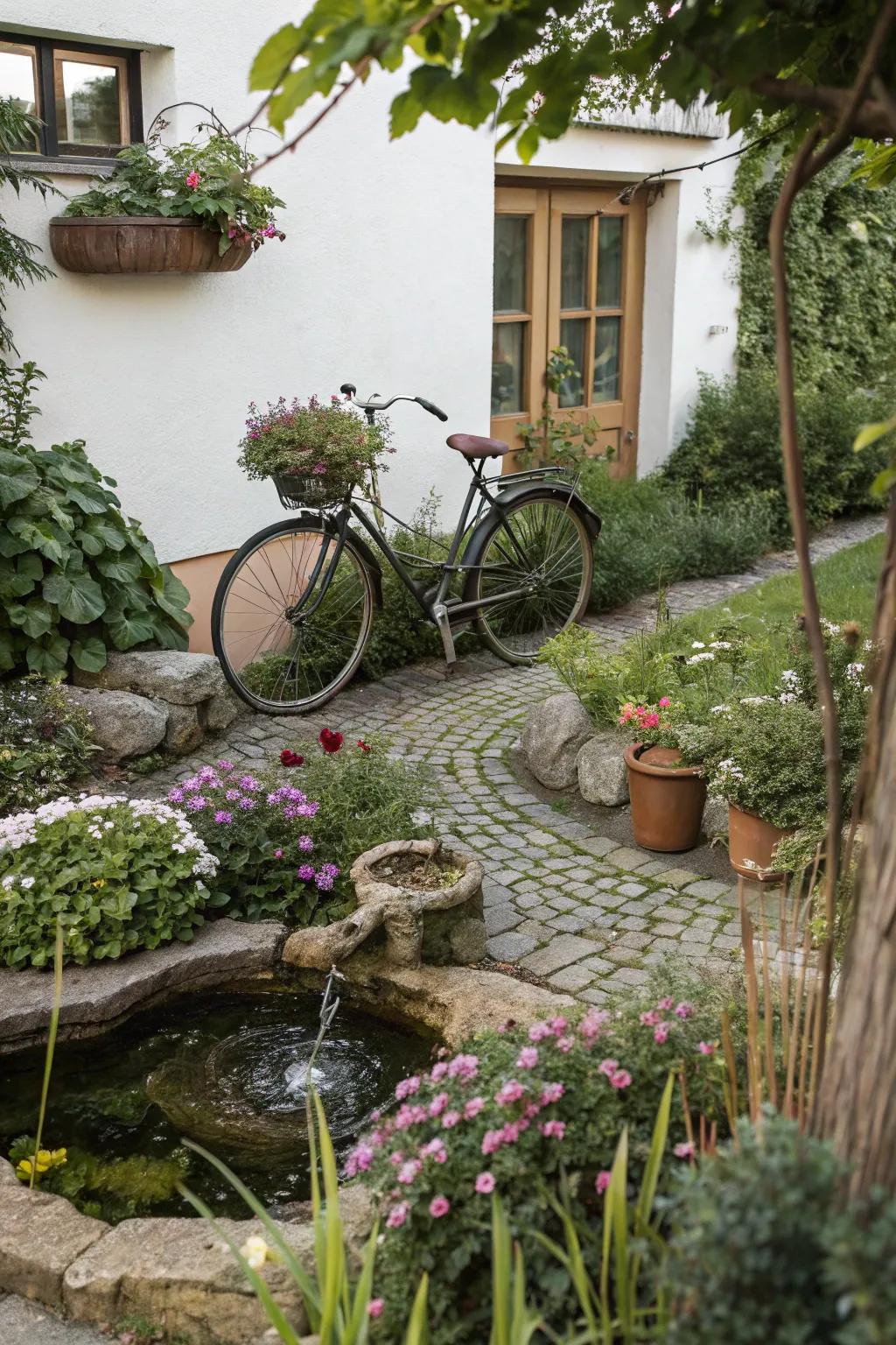 A bicycle water feature adds tranquility to the garden.