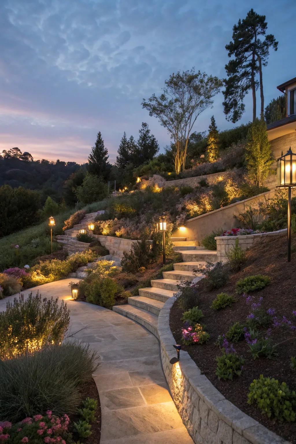 Creative lighting transforms a garden slope into a nighttime wonderland.