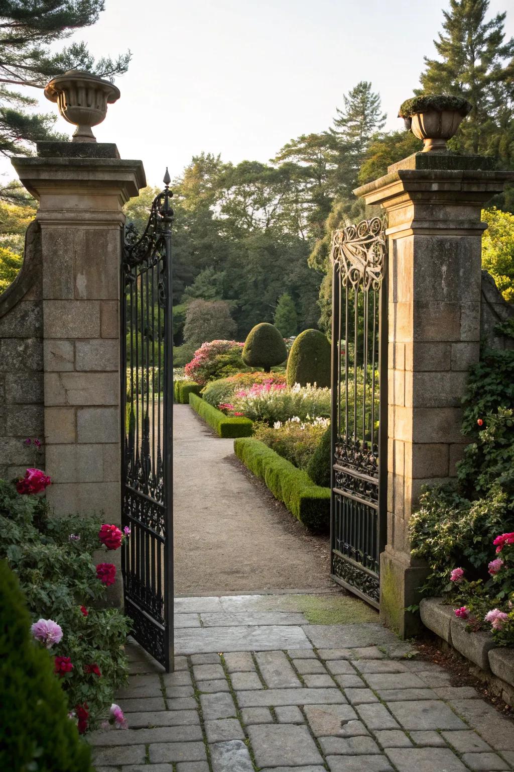 Stone pillars add grandeur to this garden entrance.
