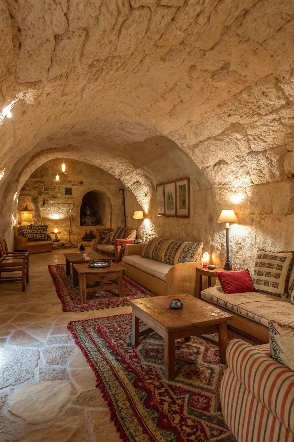 Earthy tones create a soothing and inviting underground retreat.