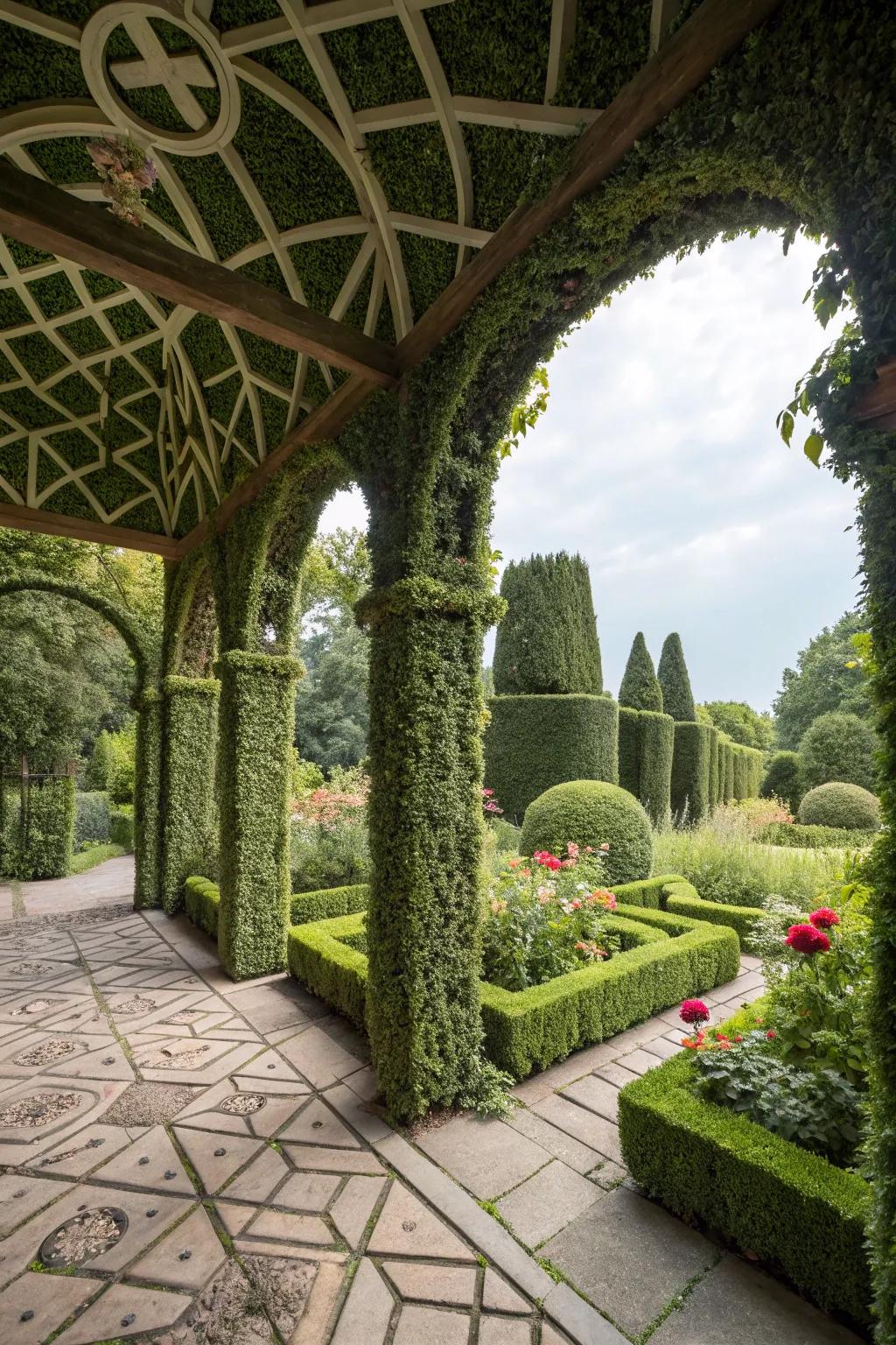 Topiary creates private garden rooms framed by living greenery.