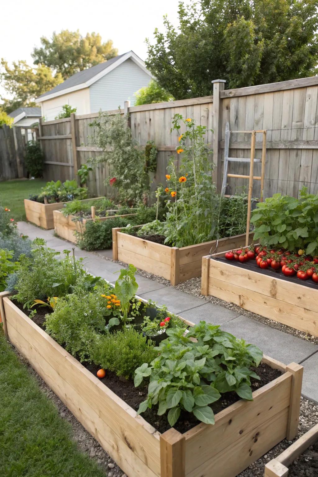 Raised garden beds filled with lush vegetables.