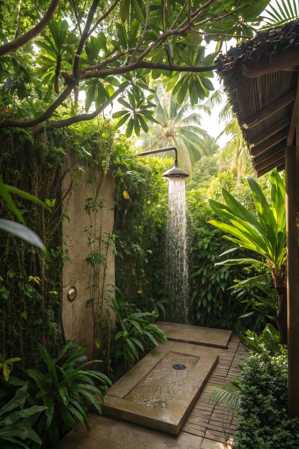 Shower beneath a vivid tropical canopy with lush foliage overhead.