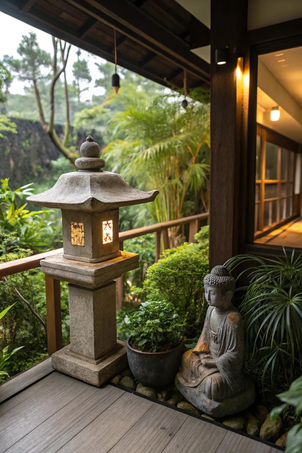 Zen decor elements like a stone lantern and Buddha statue.