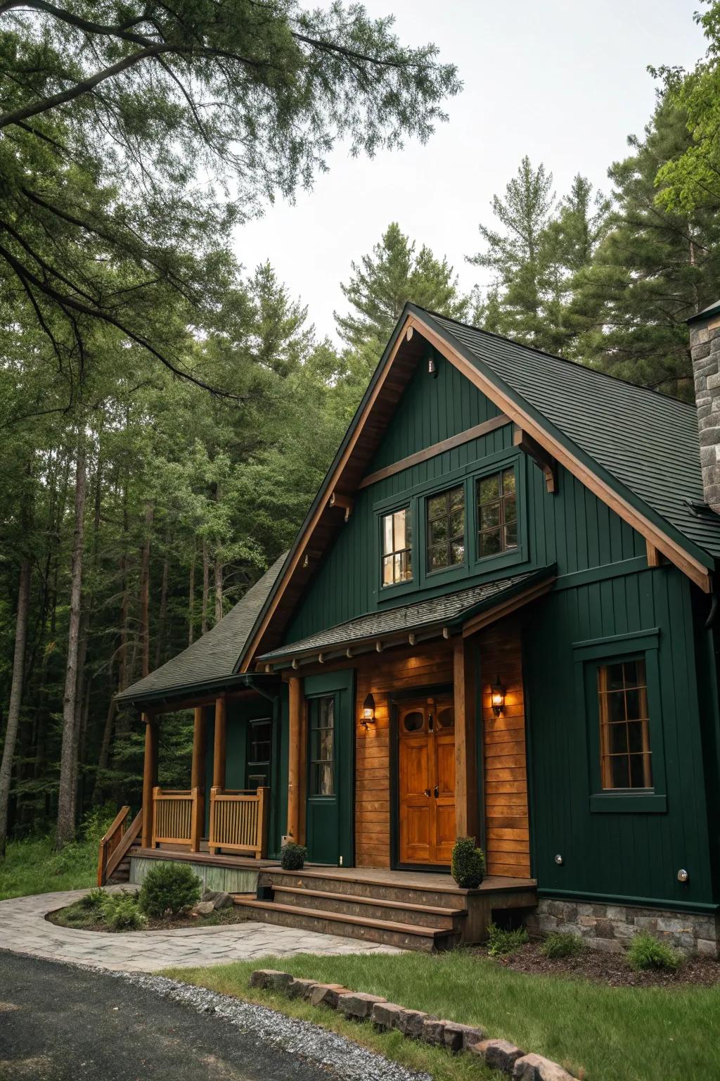 A cozy home with natural wood accents against a deep green backdrop.