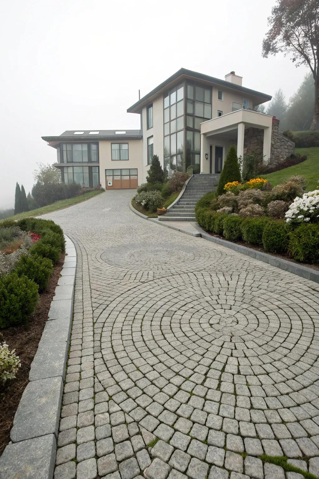 An artistic fan-pattern cobblestone driveway enhances curb appeal.