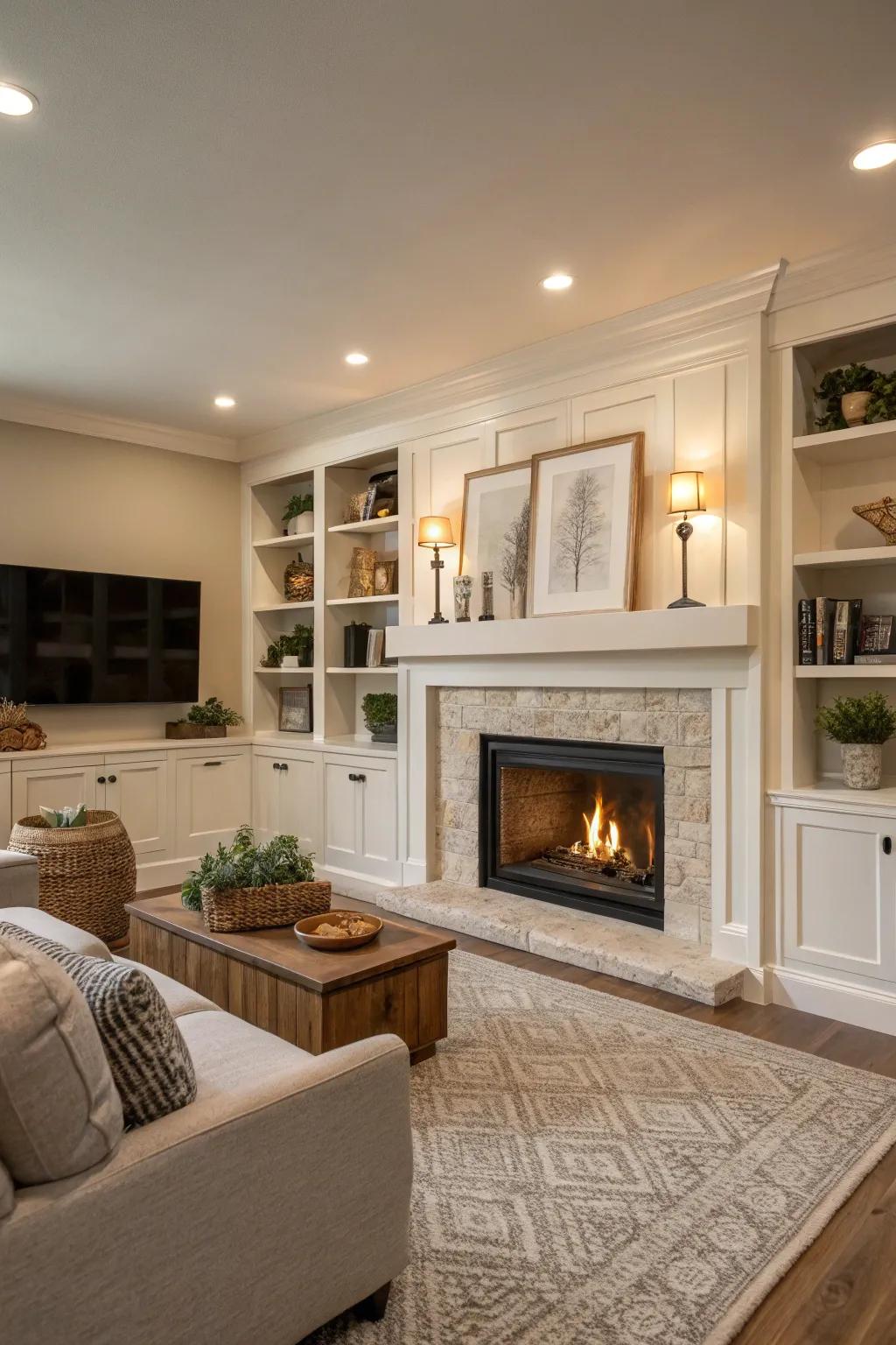 Soft neutral hues create a tranquil and timeless fireplace area.