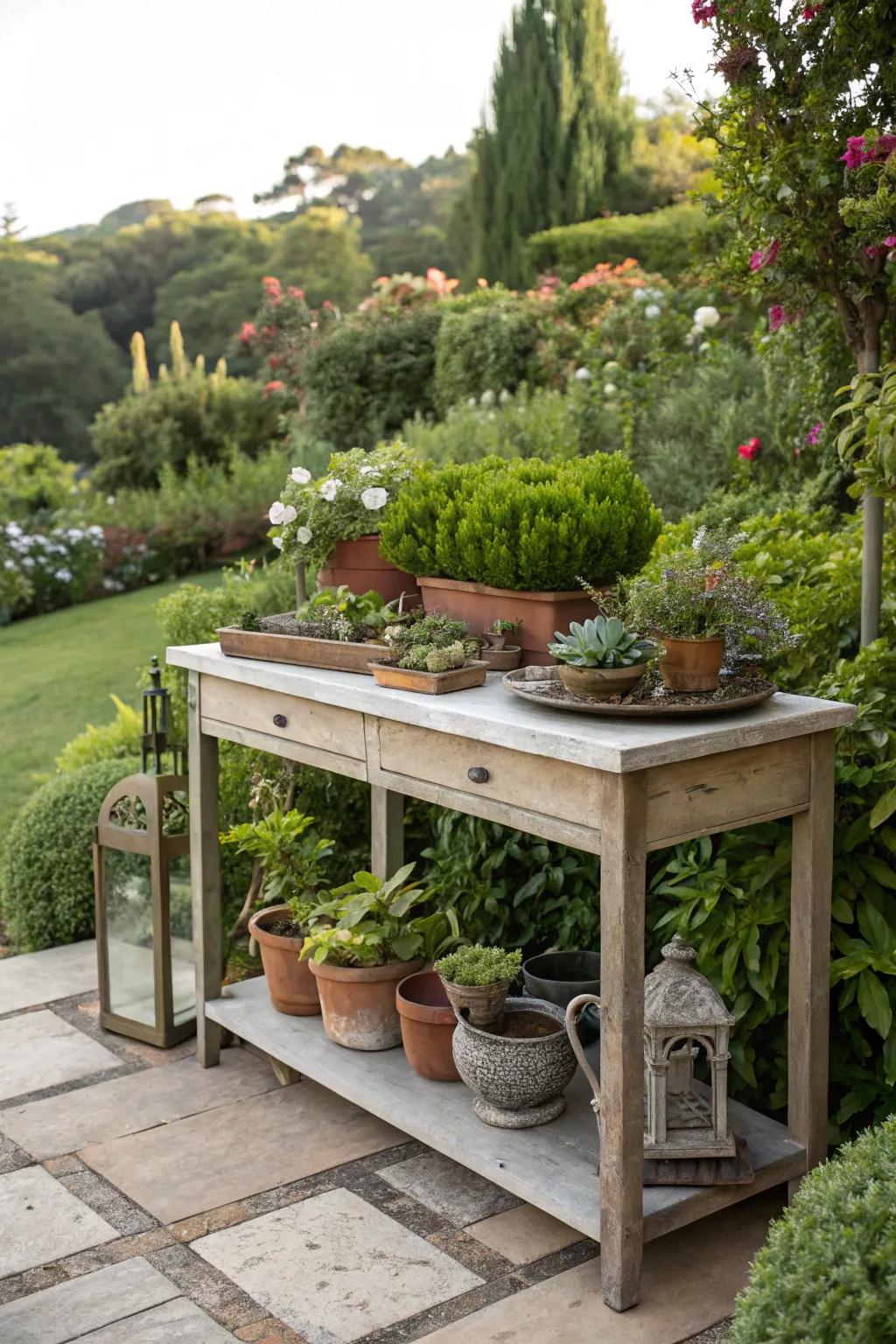 A console table adorned with lush potted plants and succulents in an outdoor setting.