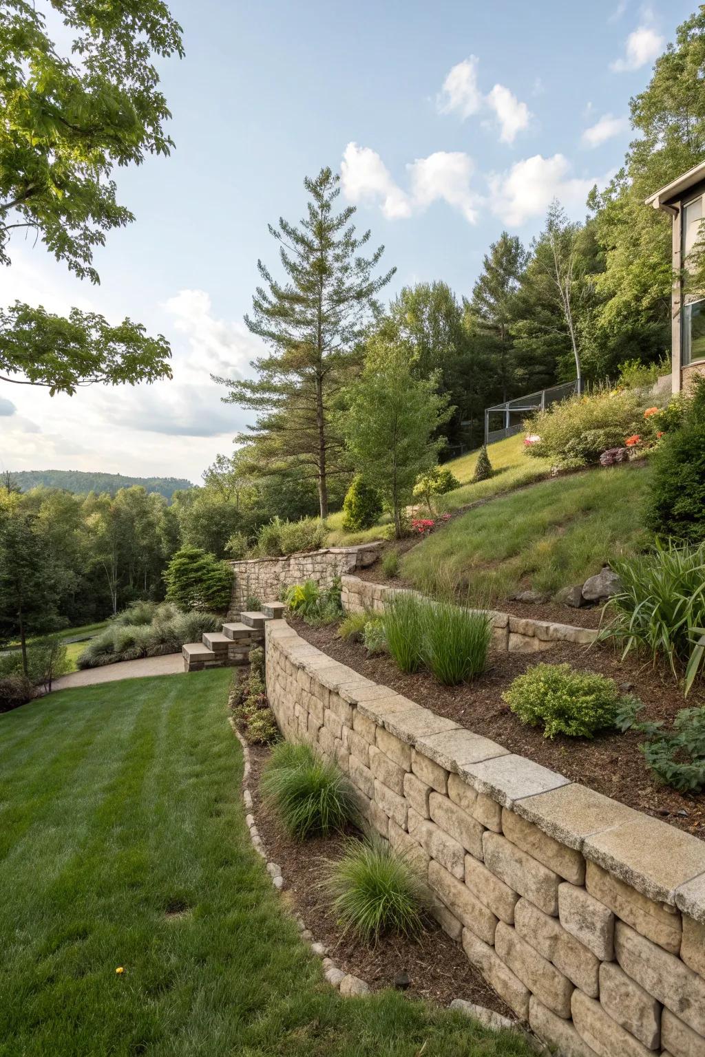 Preserve the natural beauty of your yard with a sloped retaining wall.