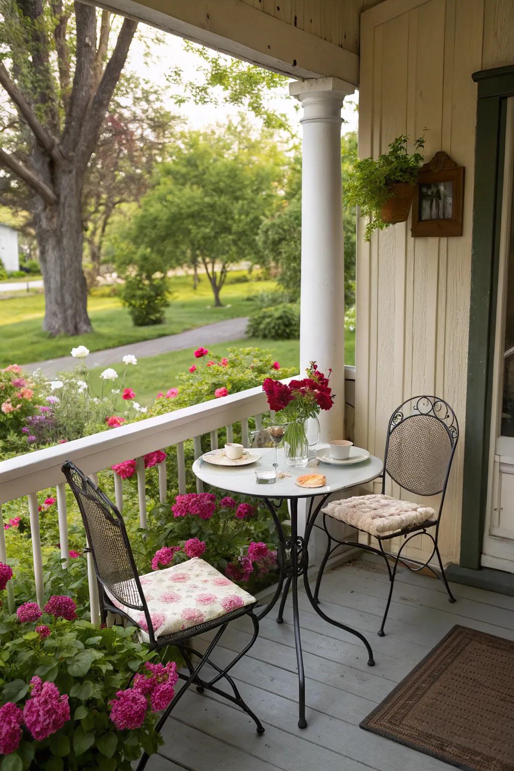 A bistro set creates a cozy café-like corner.