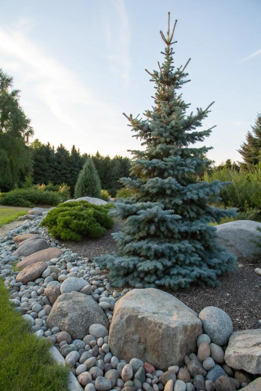 Blue spruce trees add elegance to rugged rock gardens.